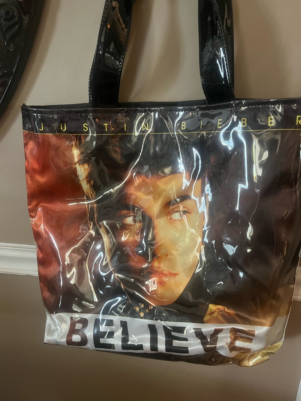 Justin Bieber Black Multi-Color Glossy 'BELIEVE' Tote Bag 17 x 17